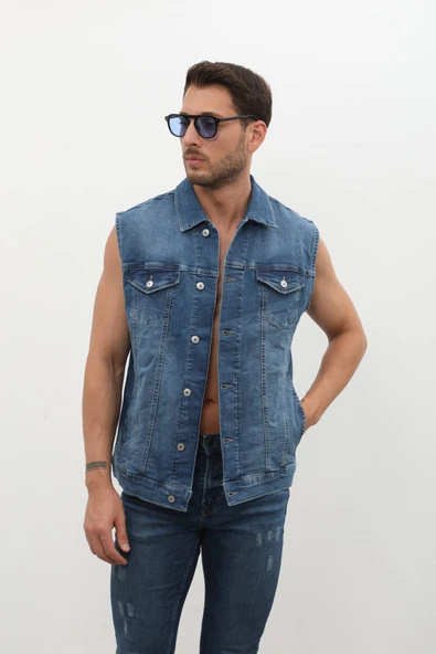 Erkek Düğmeli Jean Yelek - 4