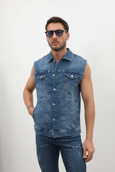 Erkek Düğmeli Jean Yelek - 8