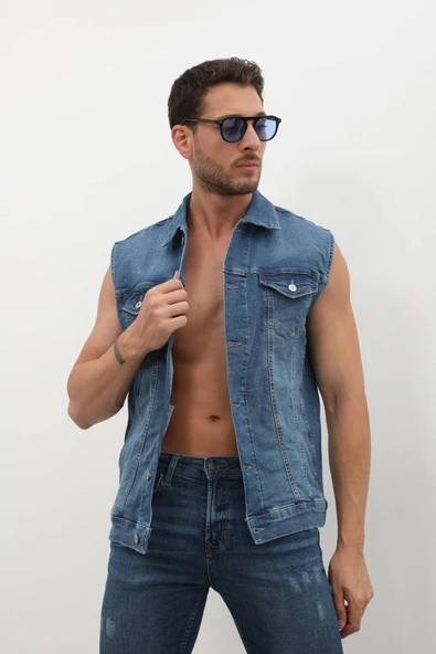 Erkek Düğmeli Jean Yelek - 7