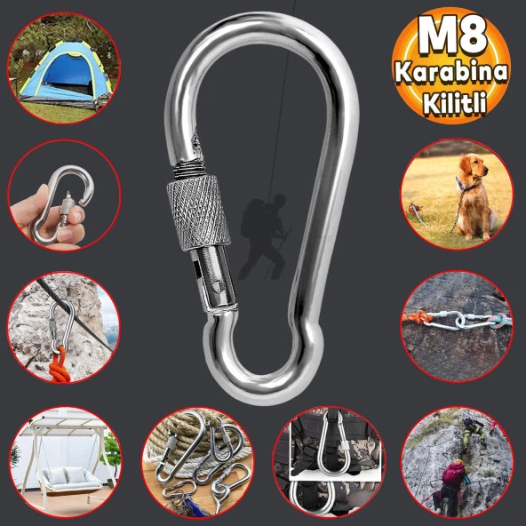 Kilitli 8 MM Karabina Yaylı Kanca Paslanmaz Çelik Kilit Tırmanma Dağcılık Kamp Ekipmanları Salıncak Hamak Anahtar Askı Kilidi - 9