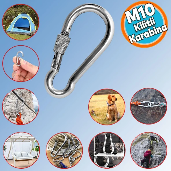 Kilitli 10 MM Karabina Yaylı Kanca Paslanmaz Çelik Kilit Tırmanma Dağcılık Kamp Ekipmanları Salıncak Hamak Anahtar Askı Kilidi