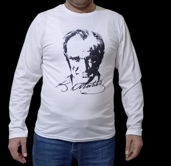 Salarticaret Unısex Atatürk Baskılı Beyaz Uzun Kollu T-shirt