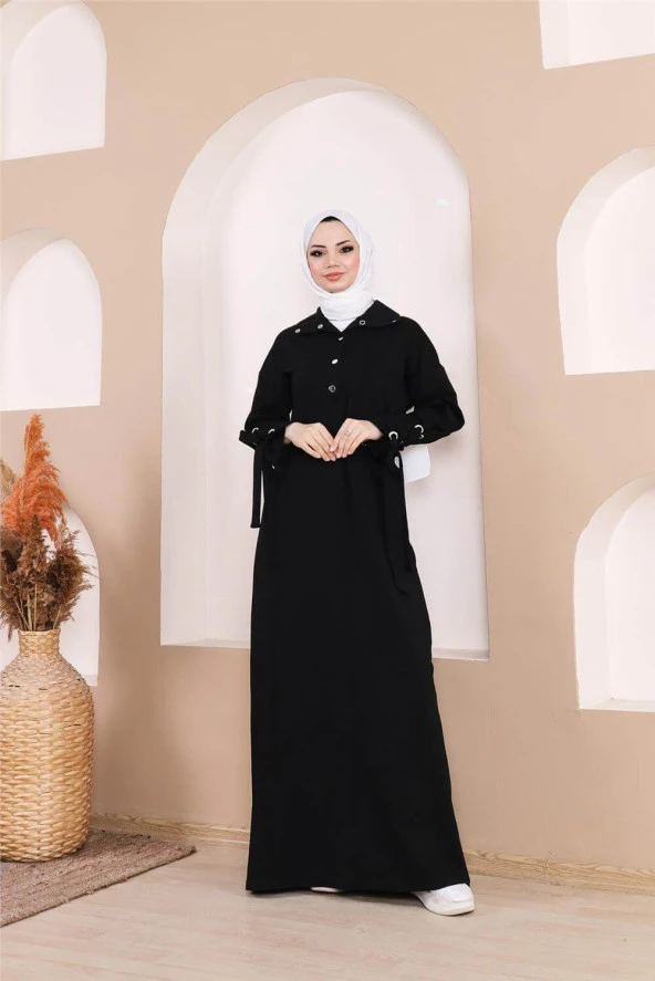 Belden Bağlamalı Çıtçıtlı Kol Şerit Detaylı Uzun Elbise - 71183.003 - Siyah - 5