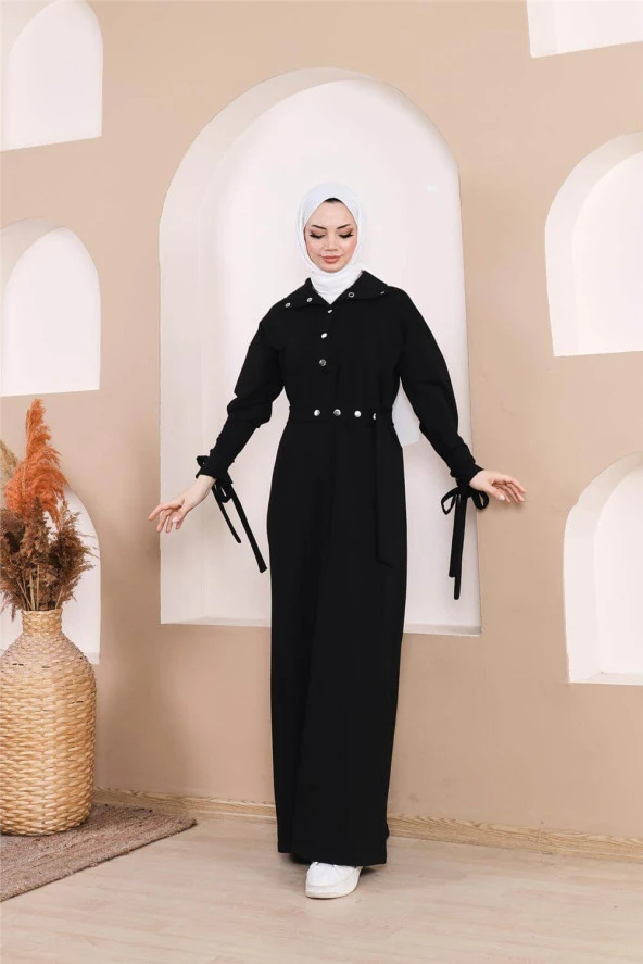 Belden Bağlamalı Çıtçıtlı Kol Şerit Detaylı Uzun Elbise - 71183.003 - Siyah - 6
