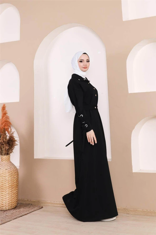 Belden Bağlamalı Çıtçıtlı Kol Şerit Detaylı Uzun Elbise - 71183.003 - Siyah - 8
