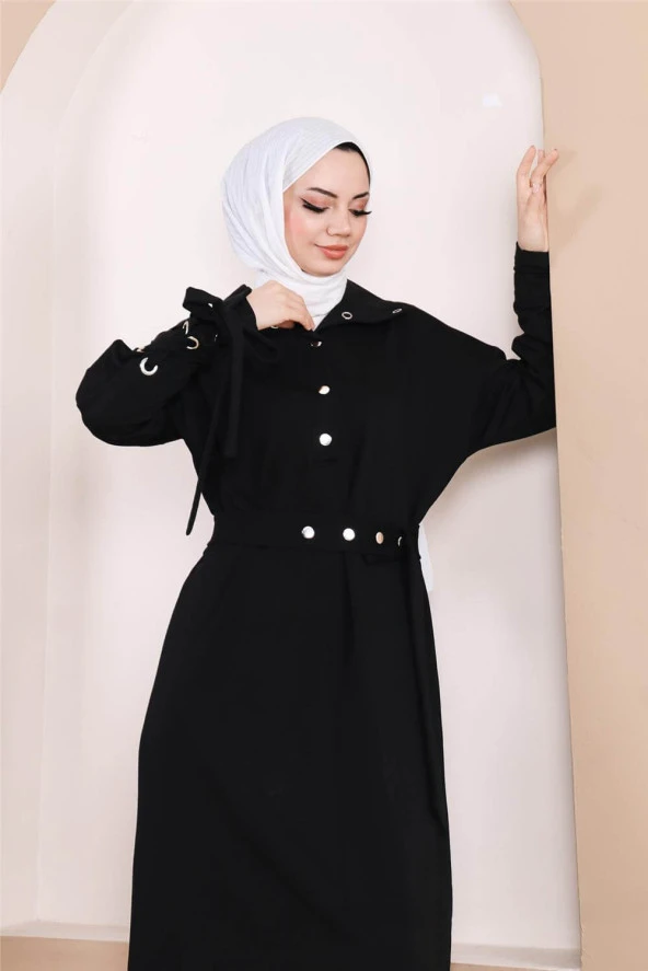 Belden Bağlamalı Çıtçıtlı Kol Şerit Detaylı Uzun Elbise - 71183.003 - Siyah - 10