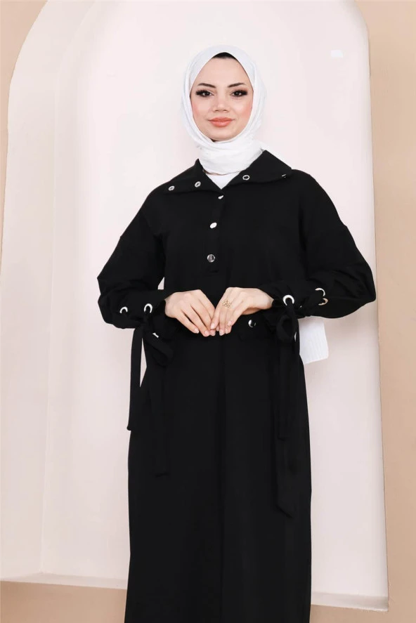 Belden Bağlamalı Çıtçıtlı Kol Şerit Detaylı Uzun Elbise - 71183.003 - Siyah - 11