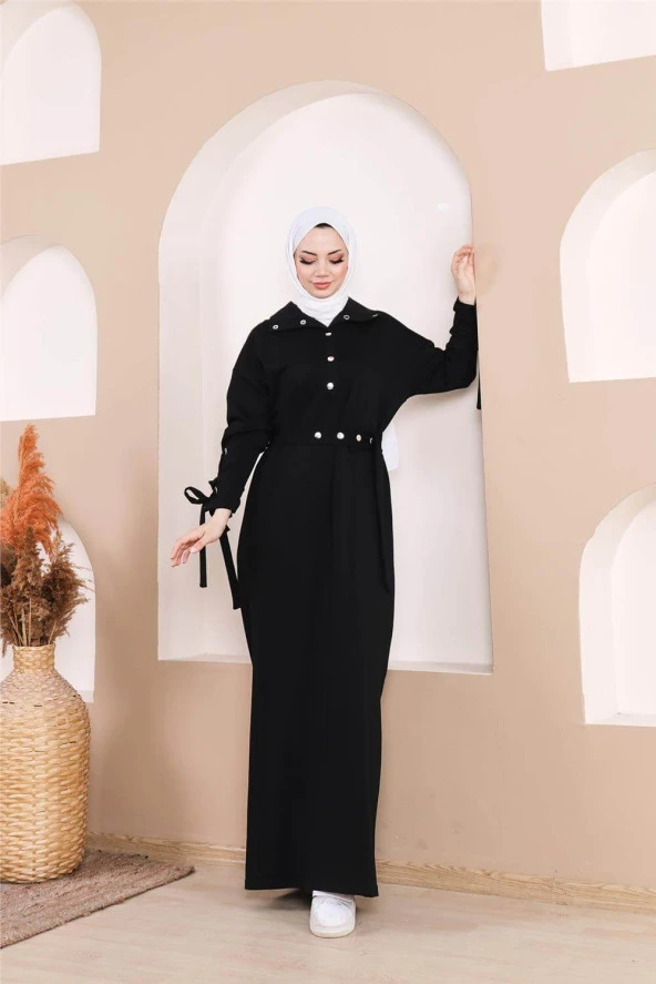 Belden Bağlamalı Çıtçıtlı Kol Şerit Detaylı Uzun Elbise - 71183.003 - Siyah - 2