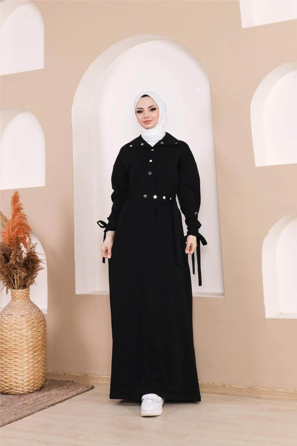 Belden Bağlamalı Çıtçıtlı Kol Şerit Detaylı Uzun Elbise - 71183.003 - Siyah - 3