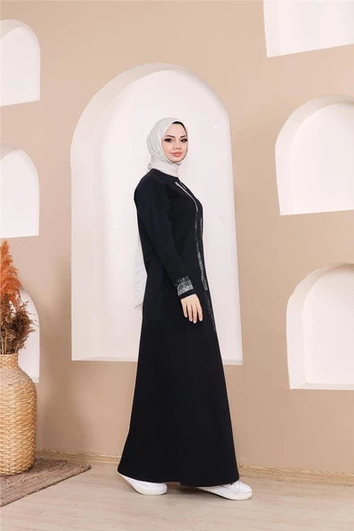 Taş Detaylı Fermuarlı Cepli Uzun Ferace - 71181.015 - Lacivert - 3