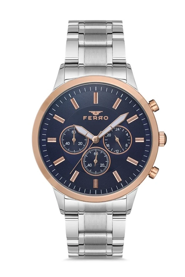 Ferro FM11145A-E3 Quartz Çelik Gri Lacivert Kadran 45 mm Erkek Kol Saati