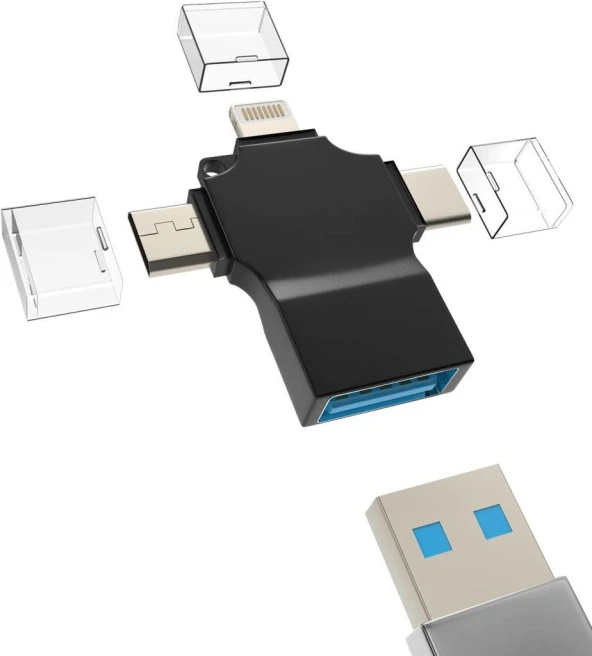 iPhone iPad Type-c Micro Usb Lightning 3 in1 Usb 3.0 Dişi Mouse Flash Otg Adaptör Çevirici - Siyah