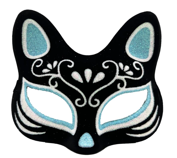Siyah Renk Süet Kaplama Üzeri Gümüş Mavi Simli Kedi Maskesi 17x14 Cm