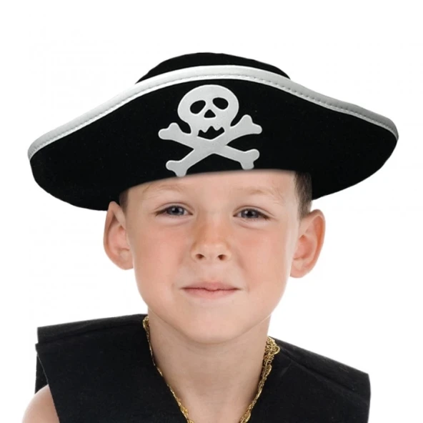 Gümüş Şeritli Çocuk Boy Yayvan Denizci Korsan Şapkası