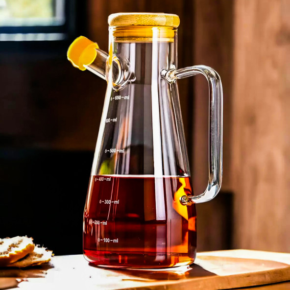 Yağdanlık Cam Şişe 900 Ml Bambu Vakumlu Kapak Ahşap Stantlı Tekli - 2