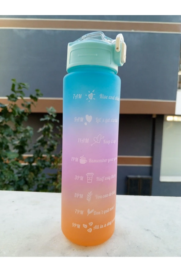 900 ml Plastik Gök Mavisi Matara Pipetli Motivasyon Suluk - Sticker Hediyeli