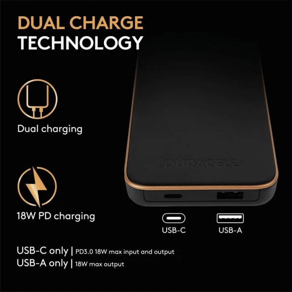 Duracell 10.000mAh Powerbank PD 18W ( USB-A, USB-C ) - Siyah - 4