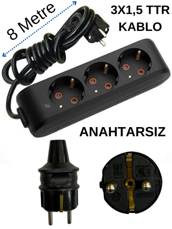 Avarson (3'Lü) Üçlü Priz Topraklı Kablolu Siyah (3x1,5 TTR) 8 (Sekiz) Metre ürün görseli 1