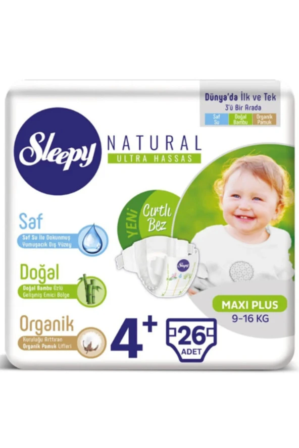 Sleepy Natural Maxi Plus 4+ Beden Bebek Bezi 9-16 Kg 26 Adet