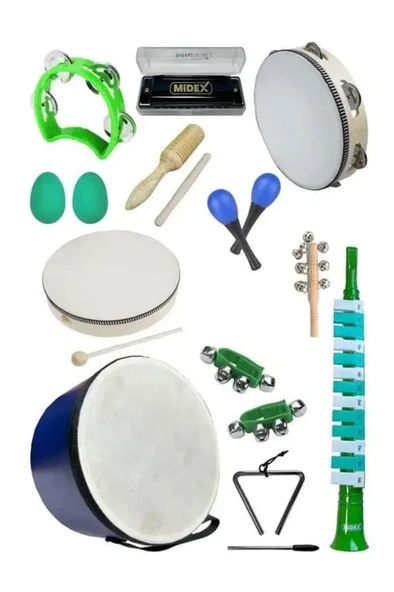 Midex Örf Aletleri Seti Median Paket-3 Maracas Zil Melodika Üçgen Ritim Mızıka Davul Tef (13 Parça) ürün görseli