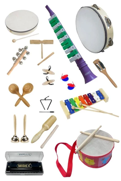 Midex Örf Aletleri Seti Over Paket-1 Marakas Zil Üçgen Ksilofon Melodika Mızıka Davul (15 Parça) ürün görseli