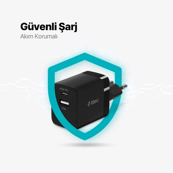 Polham Ttec PD 45W 1x Type C ve 1x USB Girişli Şarj Adaptörü, Akım ve Isı Korumalı Süper Hızlı Başlık - 5