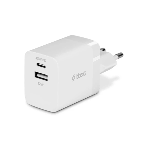 Polham Ttec PD 45W 1x Type C ve 1x USB Girişli Şarj Adaptörü, Akım ve Isı Korumalı Süper Hızlı Başlık