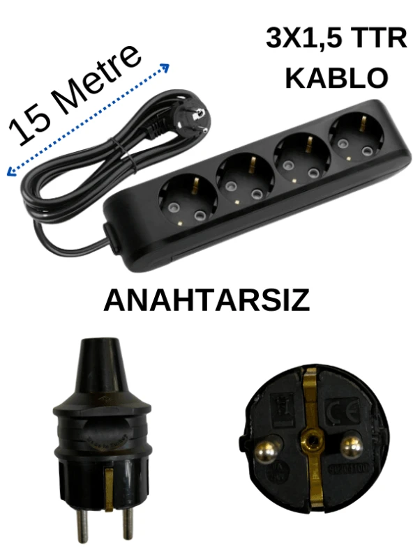 Avarson (4'Lü) Dörtlü Priz Topraklı Kablolu Siyah (3x1,5 TTR) 15 (On Beş) Metre