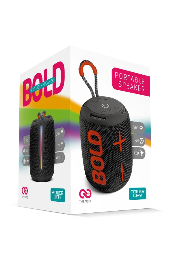Powerway Bold Siyah Taşınabilir Ses Bombası Kablosuz Bluetooth Hoparlör Speaker Yüksek Sesli TWS - 4