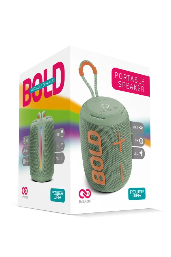 Powerway Bold Haki Yeşil Taşınabilir Ses Bombası Kablosuz Bluetooth Hoparlör Speaker Yüksek Sesli - 4