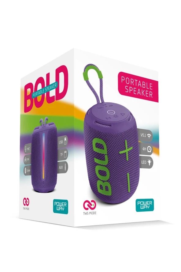 Powerway Bold Mor Taşınabilir Ses Bombası Kablosuz Bluetooth Hoparlör Speaker Yüksek Sesli TWS - 4