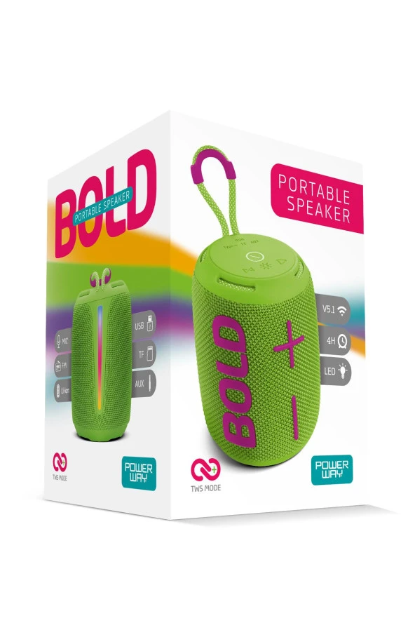 Powerway Bold Yeşil Taşınabilir Ses Bombası Kablosuz Bluetooth Hoparlör Speaker Yüksek Sesli TWS - 4