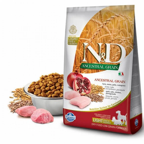 N&D Ancestral Grain Tavuklu ve Narlı Küçük Irk Düşük Tahıllı Light Köpek Maması 2,5 Kg