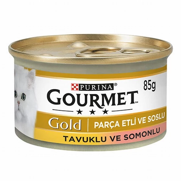 Gourmet Gold Parça Etli Soslu Somonlu Tavuklu Yetişkin Kedi Konservesi 85 Gr