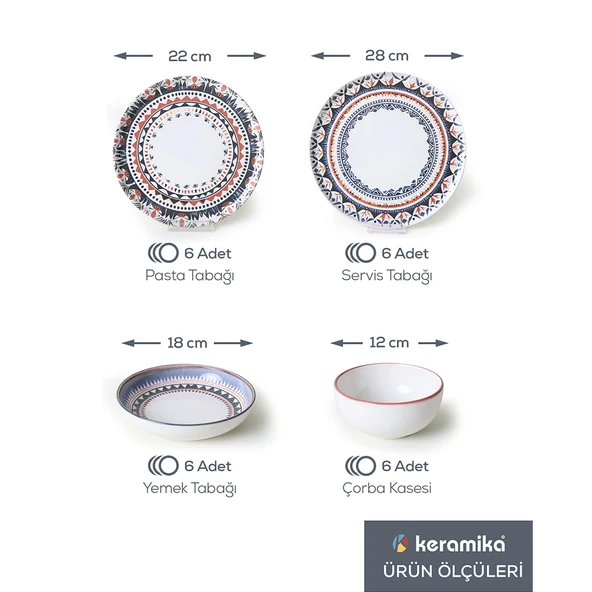 Keramika Keraart Ethnic Yemek Takımı 24 Parça 6 Kişilik 21616-17-28-24 - 4