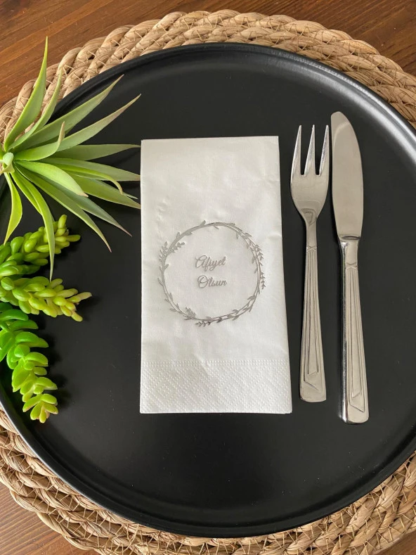 Gümüş Yaldızlı Beyaz Çelenkli Afiyet Olsun Peçete ürün görseli 1