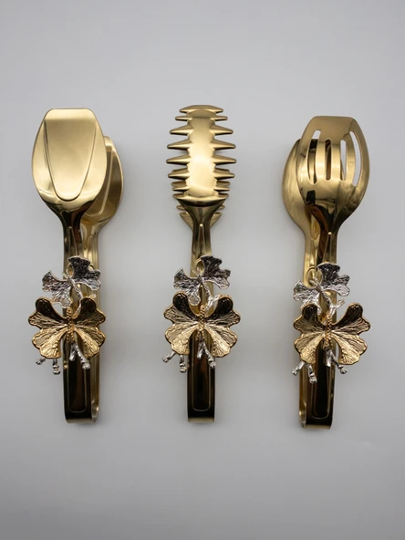 Kelebekli Gold Salata, Makarna ve Pasta Servis Sunum Maşası, Paslanmaz Çelik Yemek Maşa Seti - 2