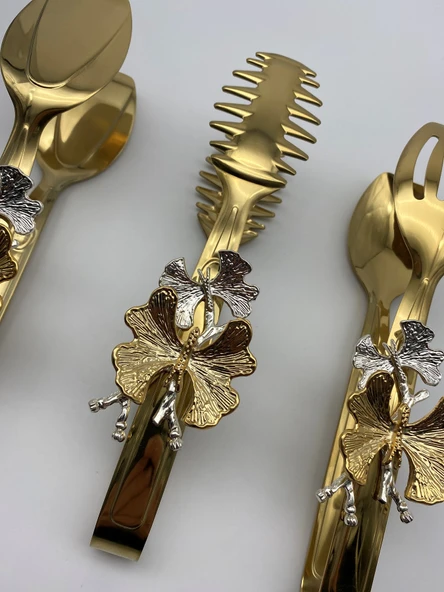 Kelebekli Gold Salata, Makarna ve Pasta Servis Sunum Maşası, Paslanmaz Çelik Yemek Maşa Seti - 4