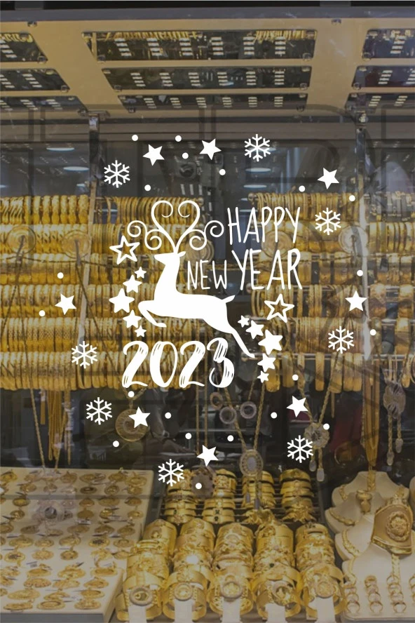 Happy New Year Geyik Ve 2023 Yılbaşı Süslemeleri Yeni Yıl Vitrin,cam,duvar Sticker