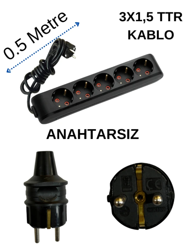 Avarson (5'Li) Beşli Priz Topraklı Kablolu Siyah (3x1,5 TTR) 0,5 (Yarım) Metre ürün görseli