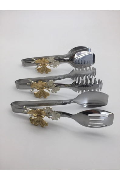 Kelebekli Gümüş Salata, Makarna ve Pasta Servis Sunum Maşası, Paslanmaz Çelik Yemek Maşa Seti - 5