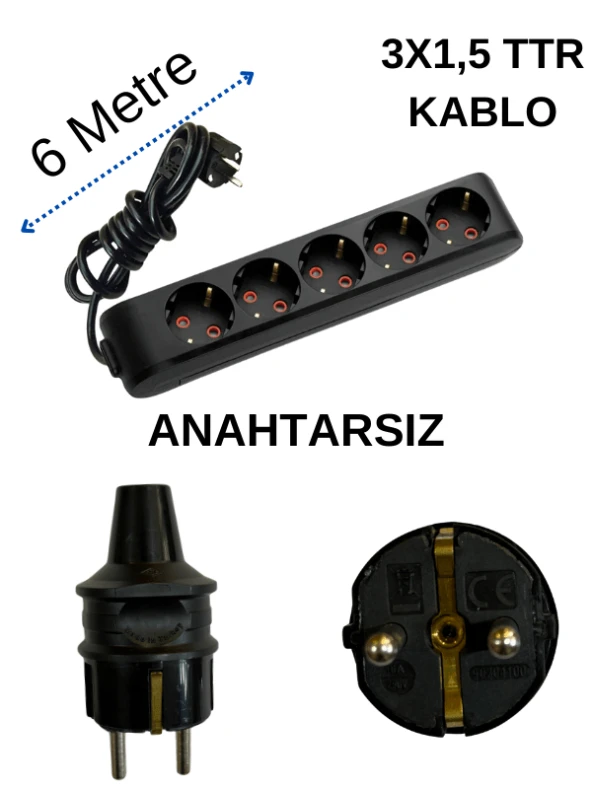 Avarson (5'Li) Beşli Priz Topraklı Kablolu Siyah (3x1,5 TTR) 6 (Altı) Metre