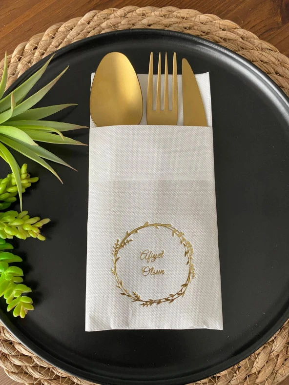 Gold Yaldızlı Beyaz Çelenkli Afiyet Olsun Cepli Peçete 12 lı 40x40