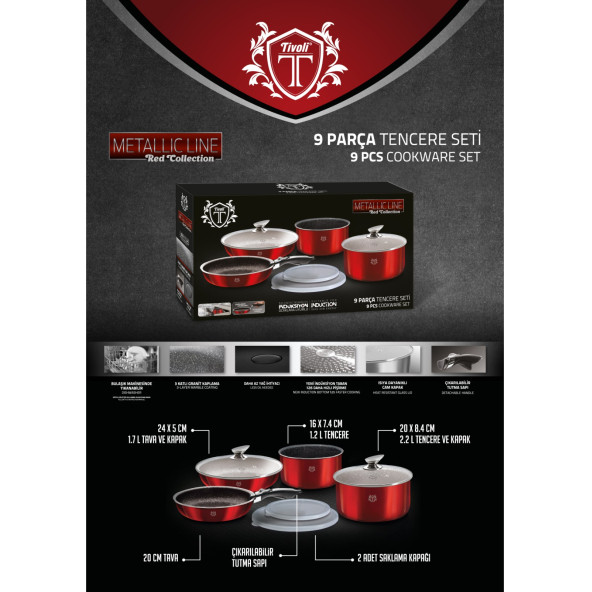 Tivoli Metallic Line İndüksiyon Kırmızı 9 Parça Tencere Takımı