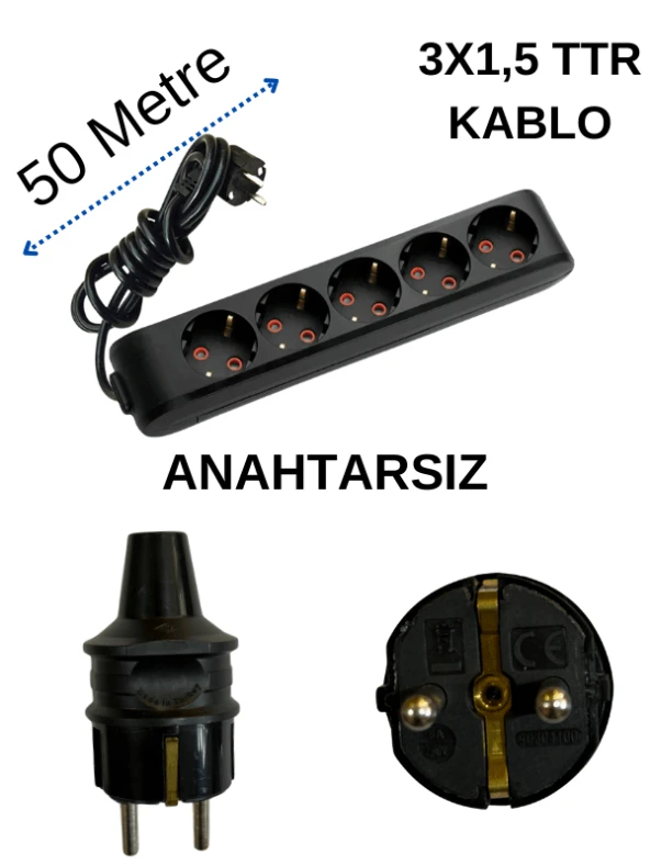 Avarson (5'Li) Beşli Priz Topraklı Kablolu Siyah (3x1,5 TTR) 50 (Elli) Metre