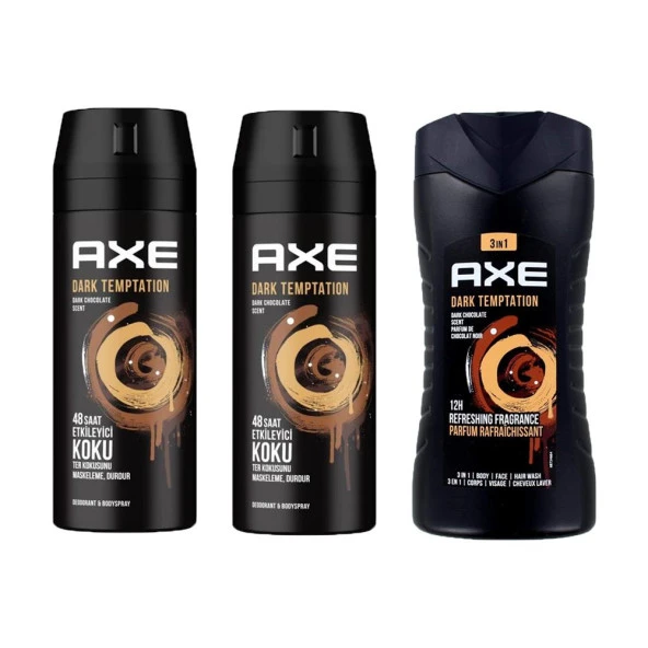 Axe Dark Temptation Erkek Sprey Deodorant 150ML X2 Adet + Dark Temptation 3in1 Erkek Duş Jeli 250ML 3lü Set