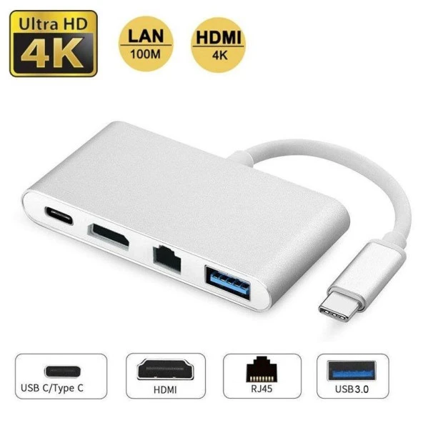 Type-C 3.1 to HDMI 4K 100Mbps Ethernet RJ45 SB3.0 USB C HUB 4 in 1 Macbook ve Type c Uyumlu Çevirici