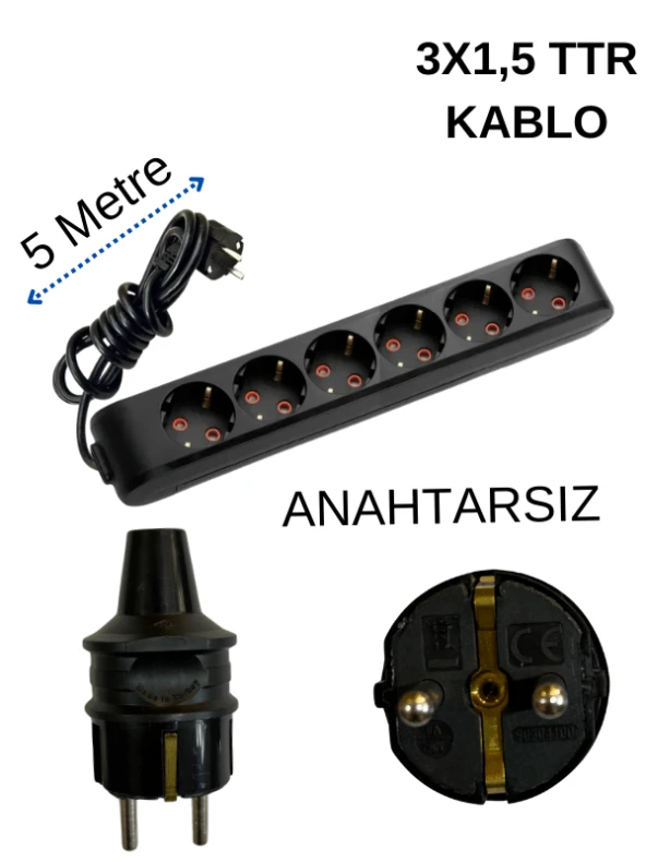 Avarson (6'Lı) Altılı Priz Topraklı Kablolu Siyah (3x1,5 TTR) 5 (Beş) Metre ürün görseli 1