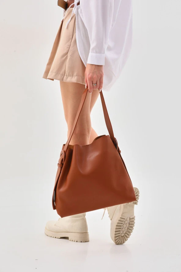 Taba içi Süet Yumuşak Deri Çıtçıt Ve Fermuarlı Iç Bölme Büyük Boy Shopper Çanta - 4