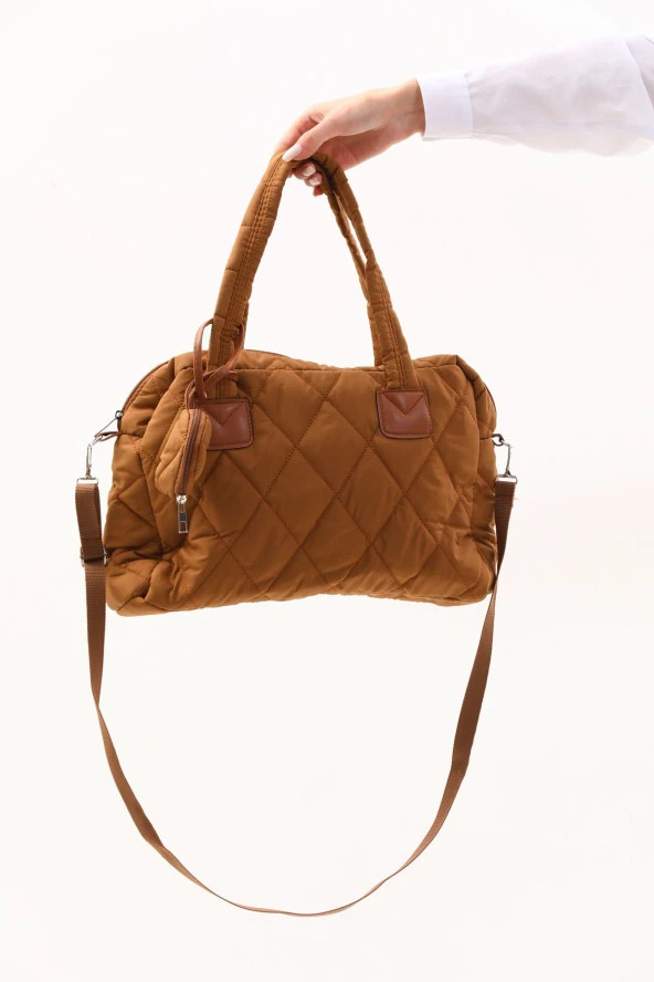 Taba Kabartmalı Puf Kumaş Kapitone Tote Shopper Omuz Kol Çantası Cüzdanlı - 4